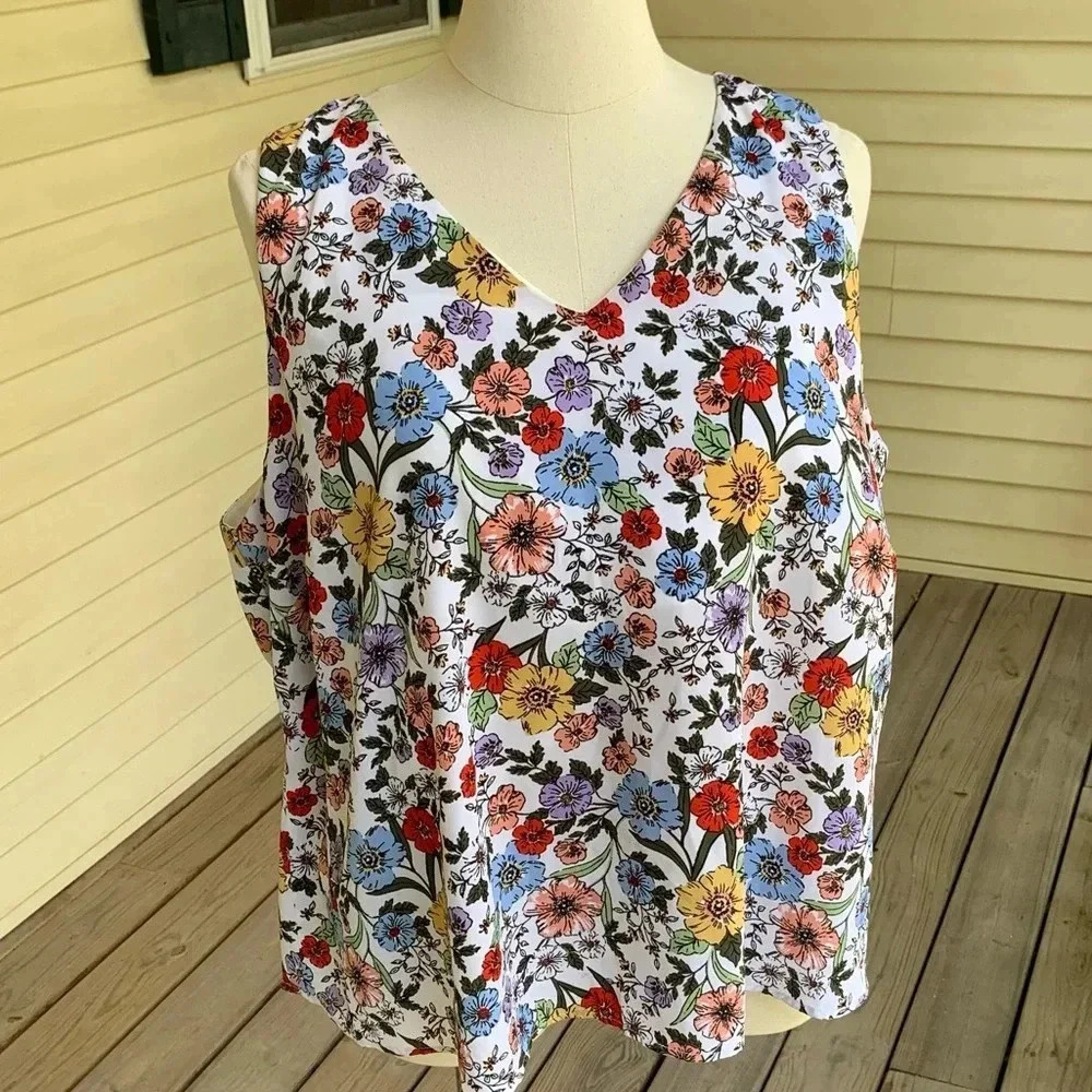 Ophelia Roe Sleeveless Blouse Plus 3X Multicolor Floral Top Cottagecore Tank